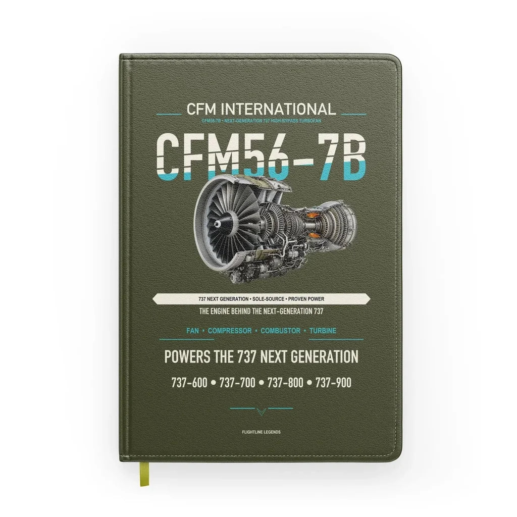 CFM56-7B design on green army notebook