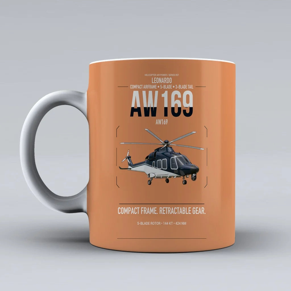 Leonardo AW169 design on orange ceramic mug, double-side print