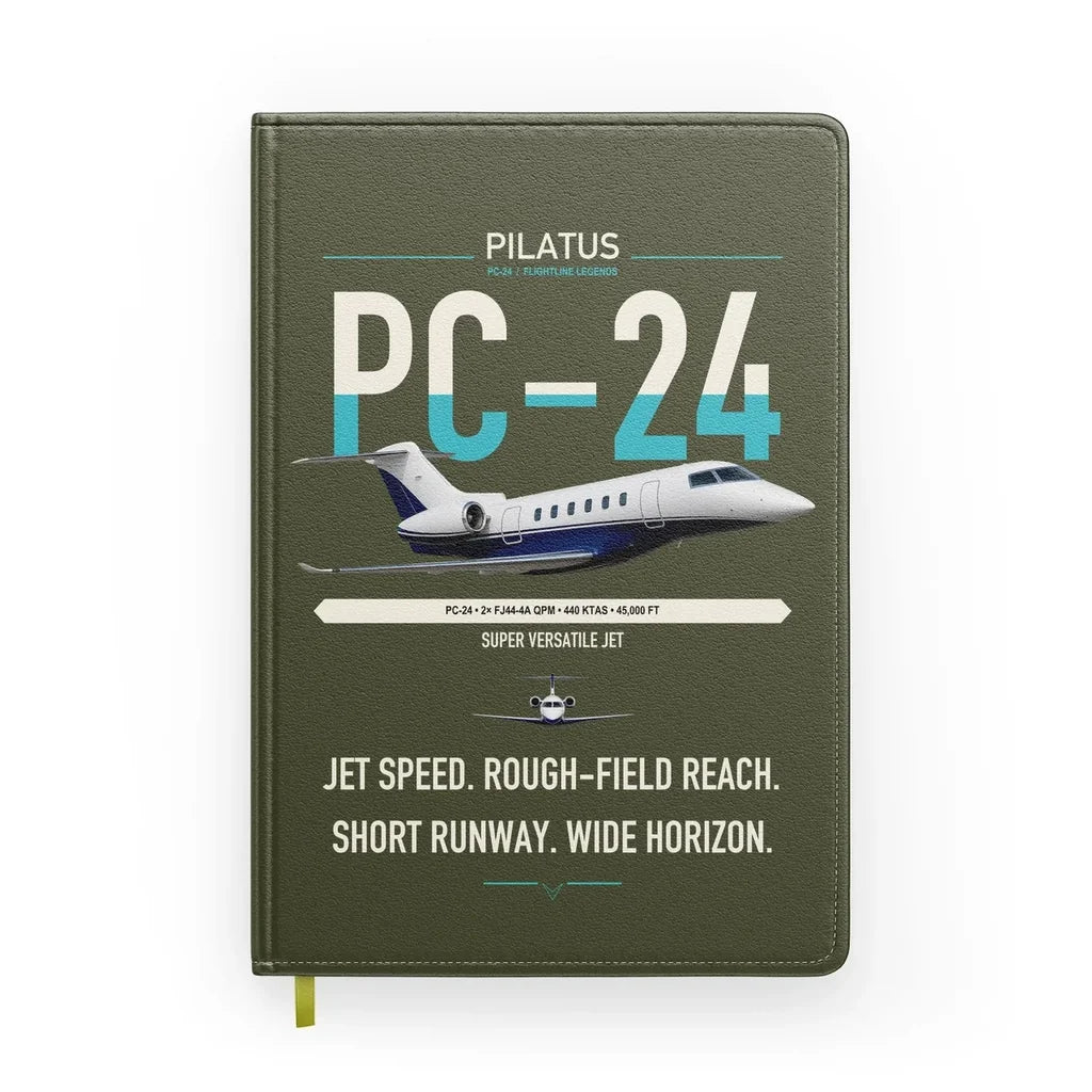 Pilatus PC-24 design on green army notebook