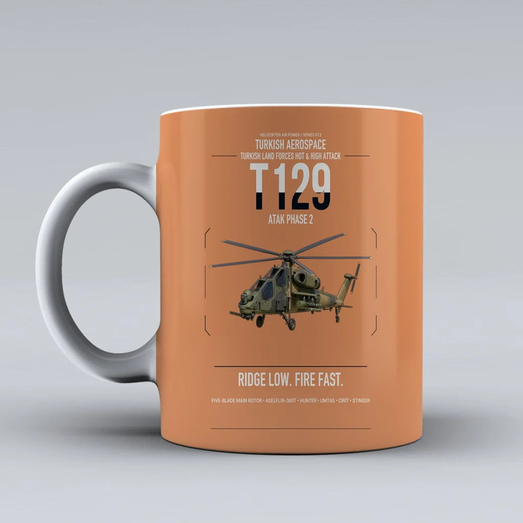 Turkish Aerospace T129 ATAK Phase 2 design on orange ceramic mug, double-side print