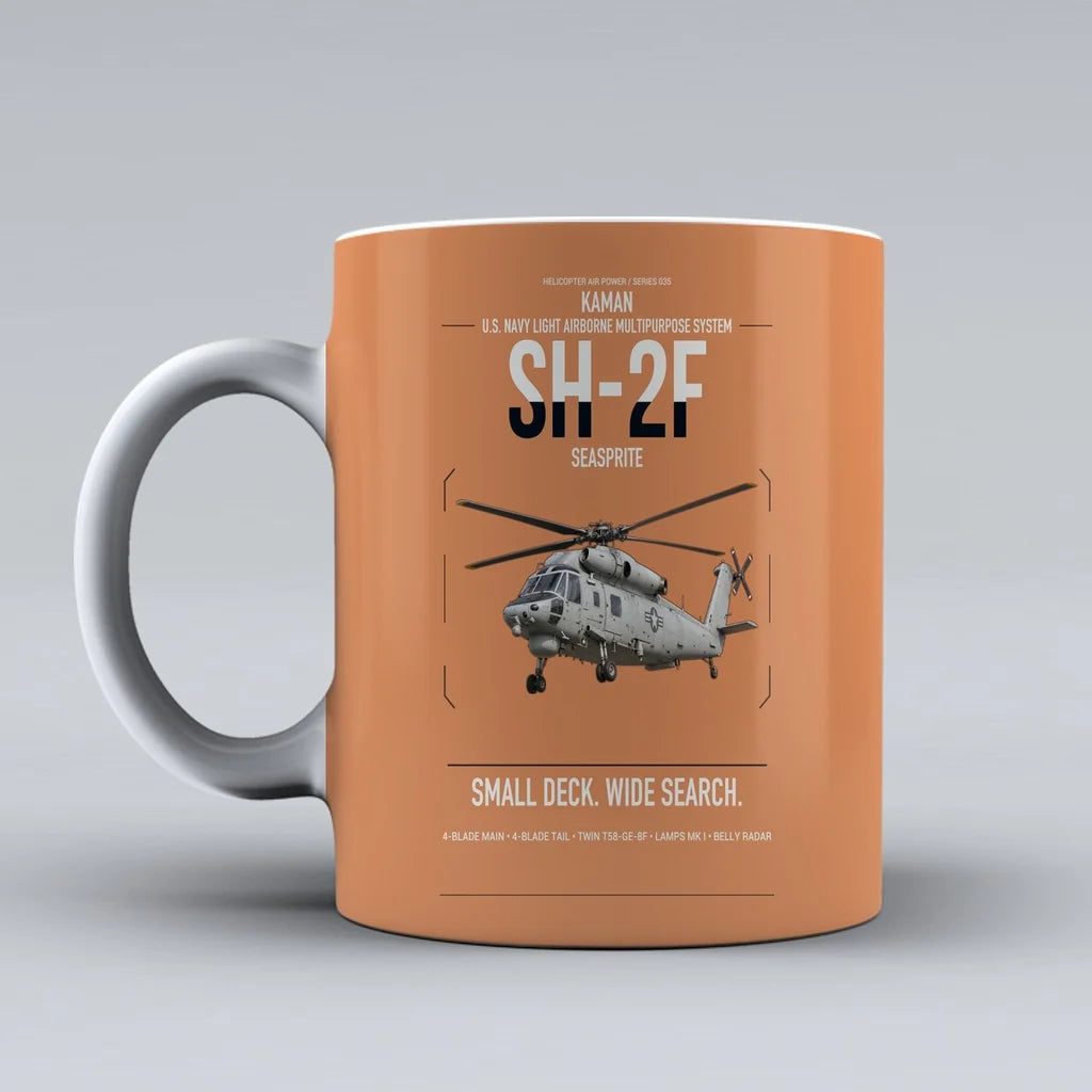 Kaman SH-2F Seasprite design on orange ceramic mug, double-side print