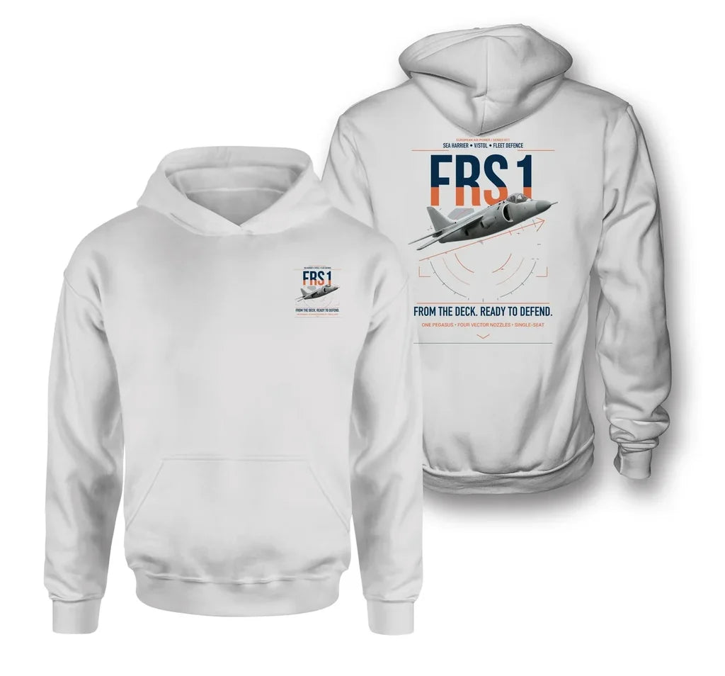 British Aerospace Sea Harrier FRS.1 design on white double-side hoodie, double-side print