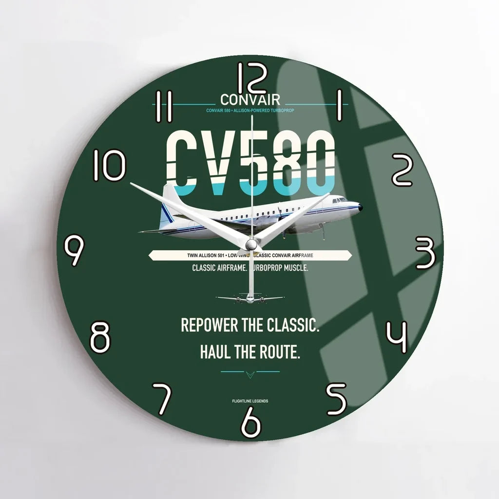Convair 580 design on dark green no frame wall clock