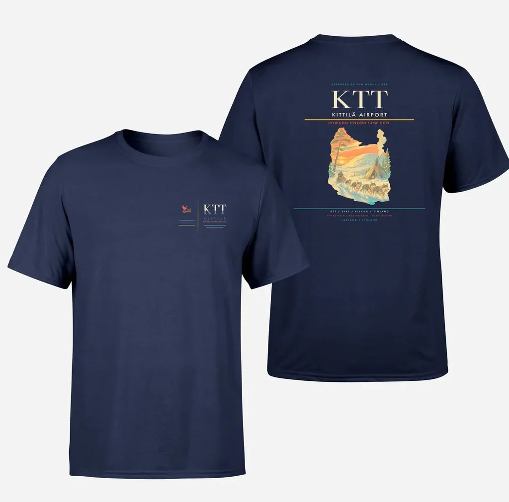 Kittilä Airport (KTT) design printed on navy blue double-side t-shirt