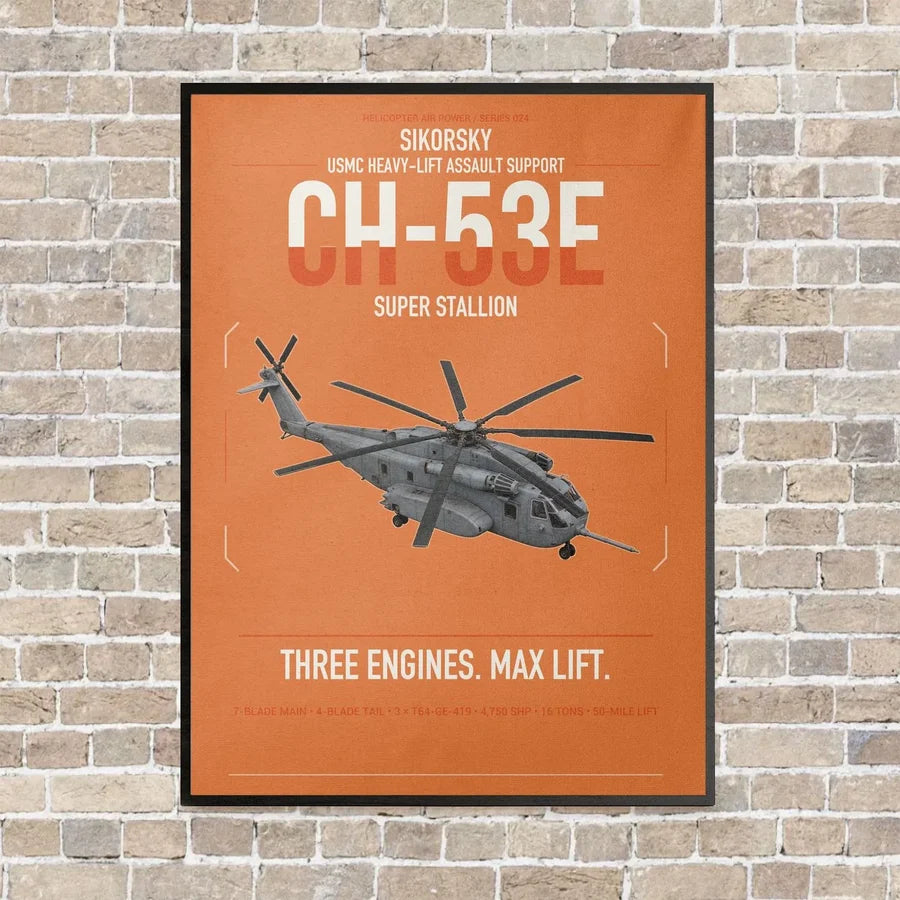 Sikorsky CH-53E Super Stallion vertical canvas print - framed - orange background