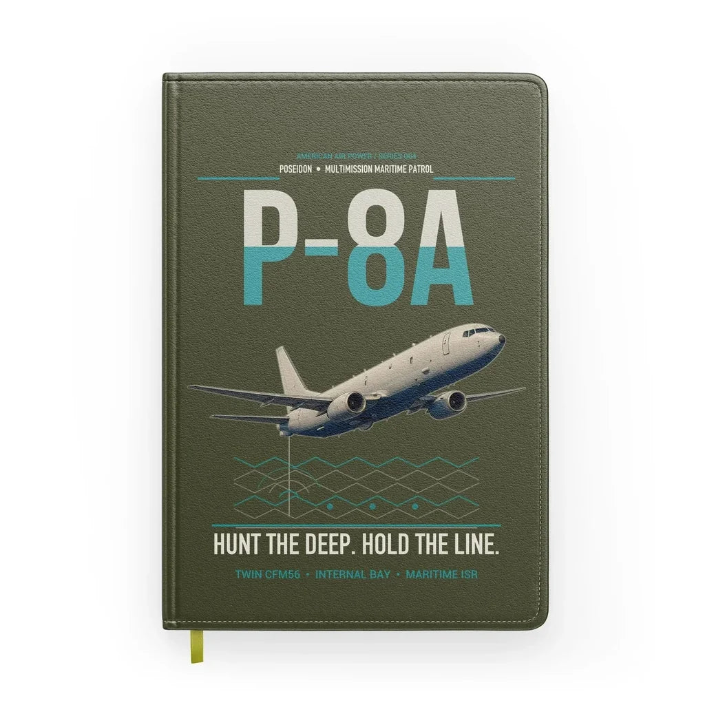 P-8A Poseidon design on green army notebook