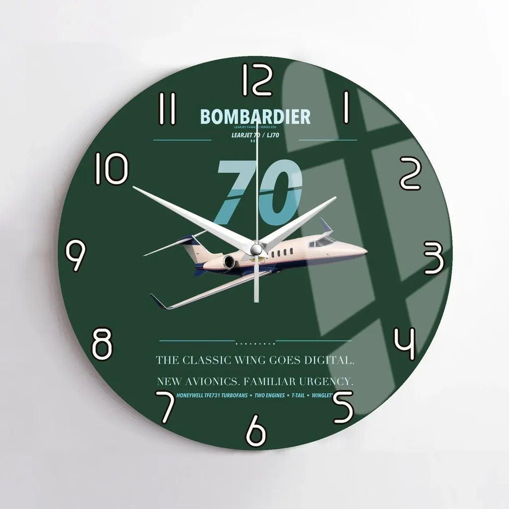 Bombardier Learjet 70 design on dark green no frame wall clock