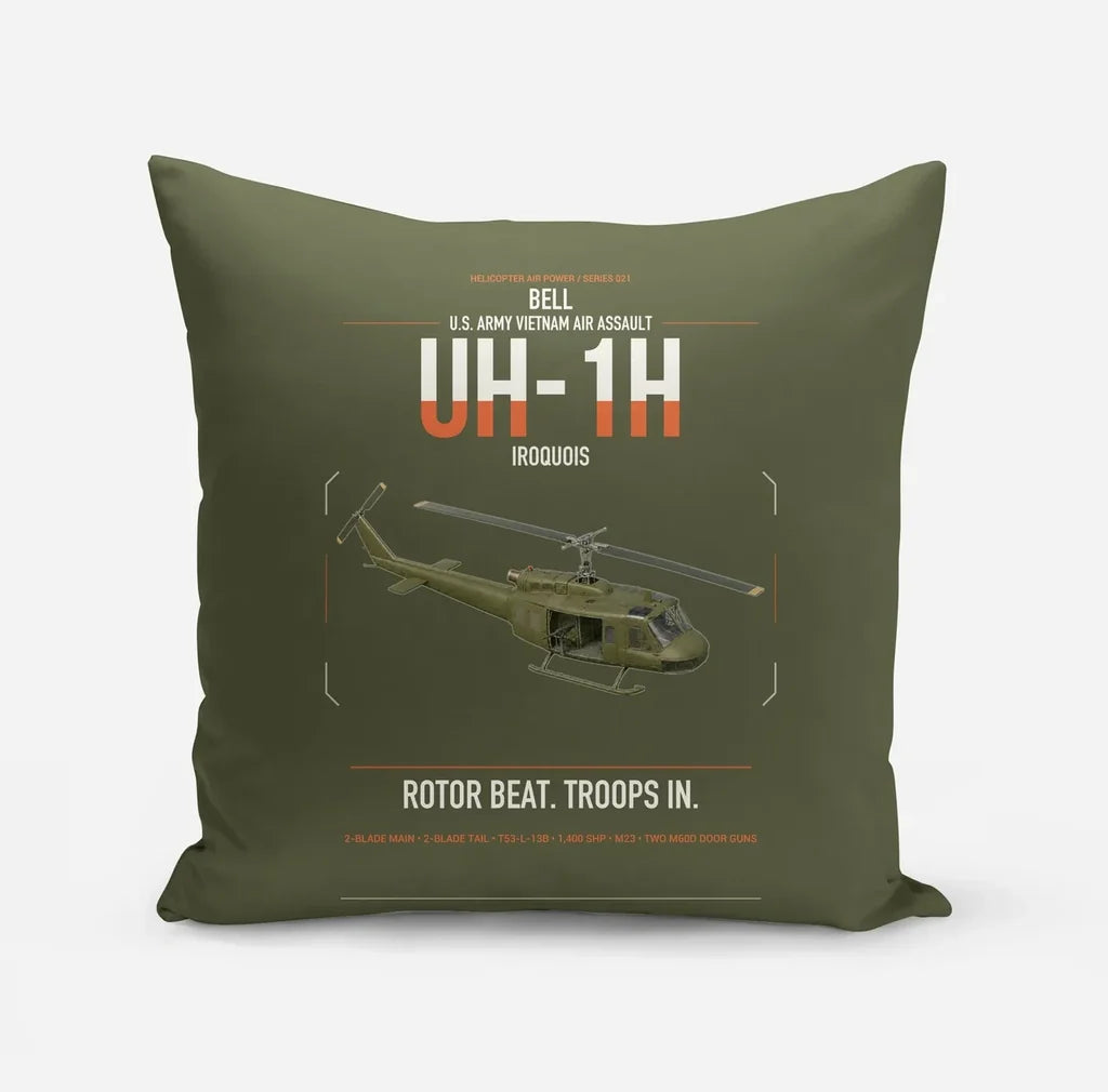 Bell UH-1H Iroquois design on green army pillow