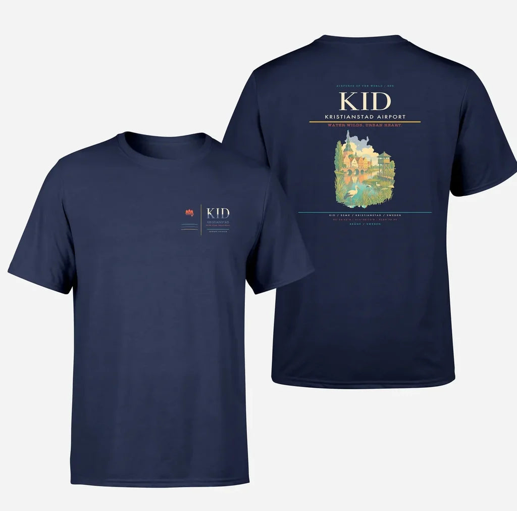 Kristianstad Airport (KID) design printed on navy blue double-side t-shirt