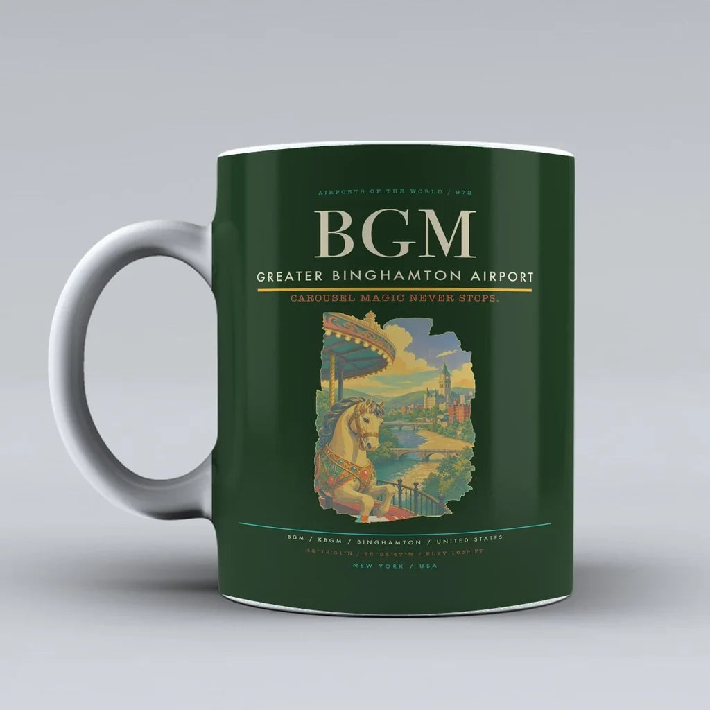 Greater Binghamton Airport (BGM) airport code design on dark green ceramic mug