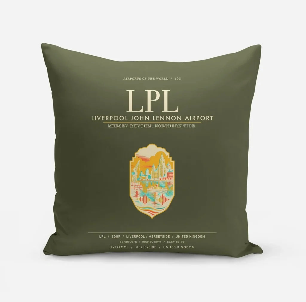 Liverpool John Lennon Airport (LPL) design on green army pillow