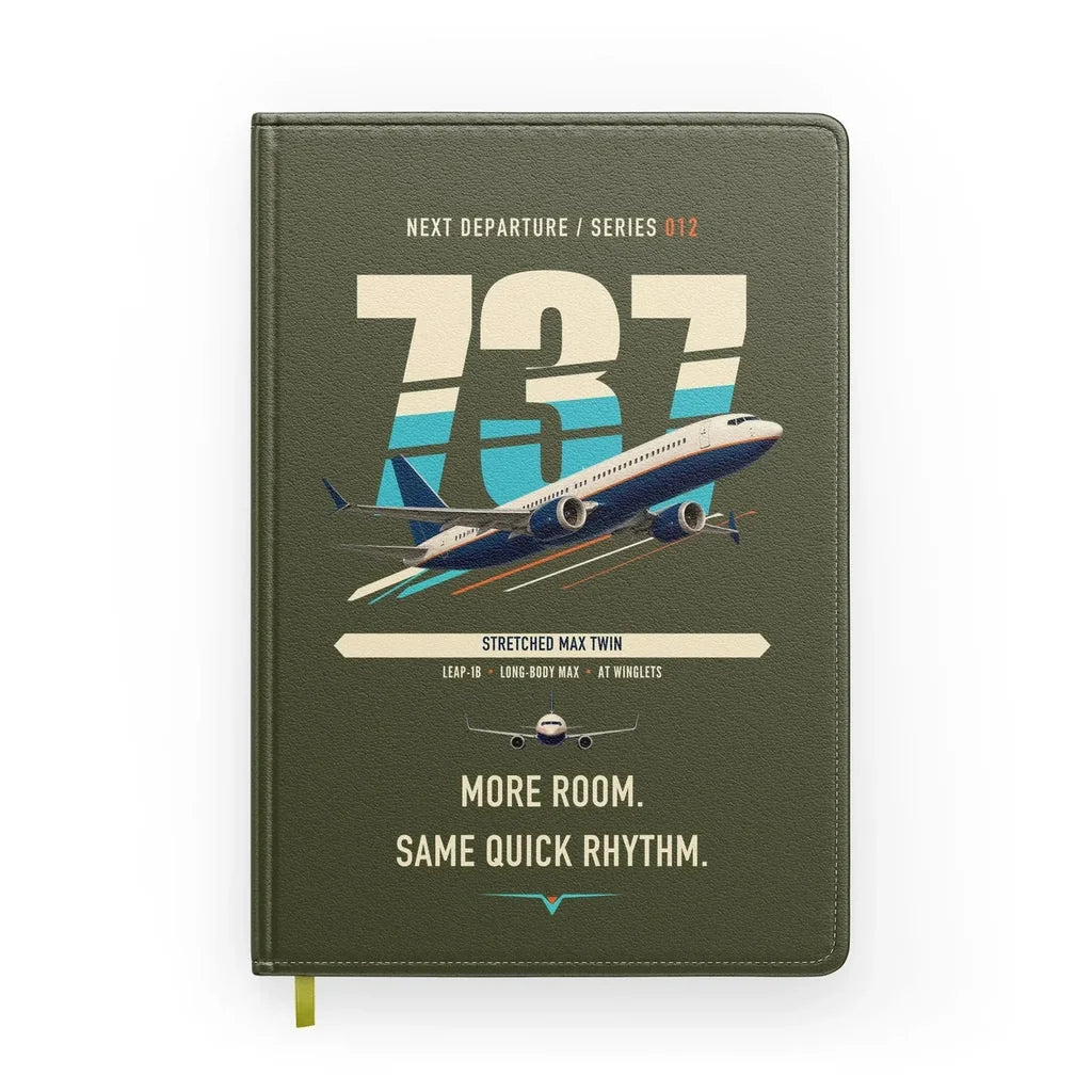 Boeing 737 MAX 9 design on green army notebook