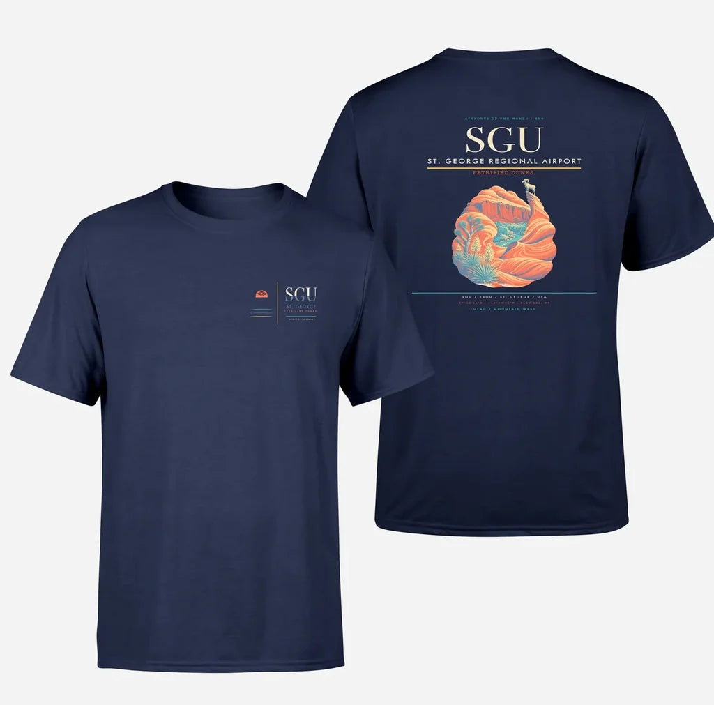 St. George Regional Airport (SGU) design printed on navy blue double-side t-shirt
