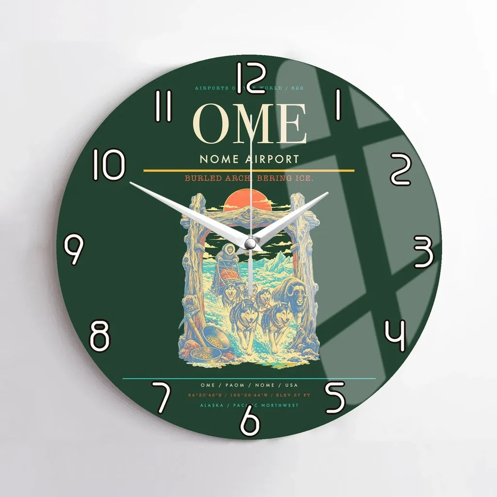 Nome Airport (OME) design on dark green no frame wall clock