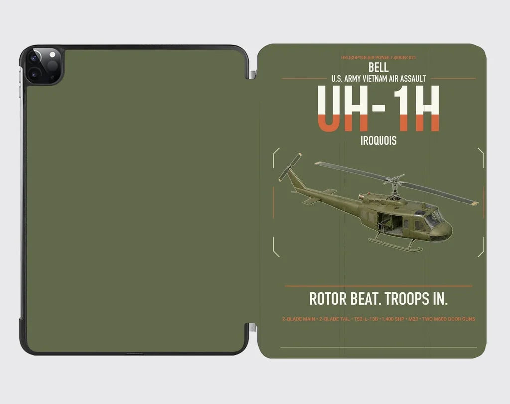 Bell UH-1H Iroquois design on green army ipad tablet case