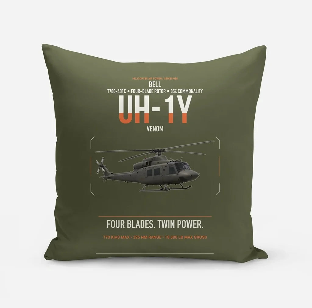 Bell UH-1Y Venom design on green army pillow