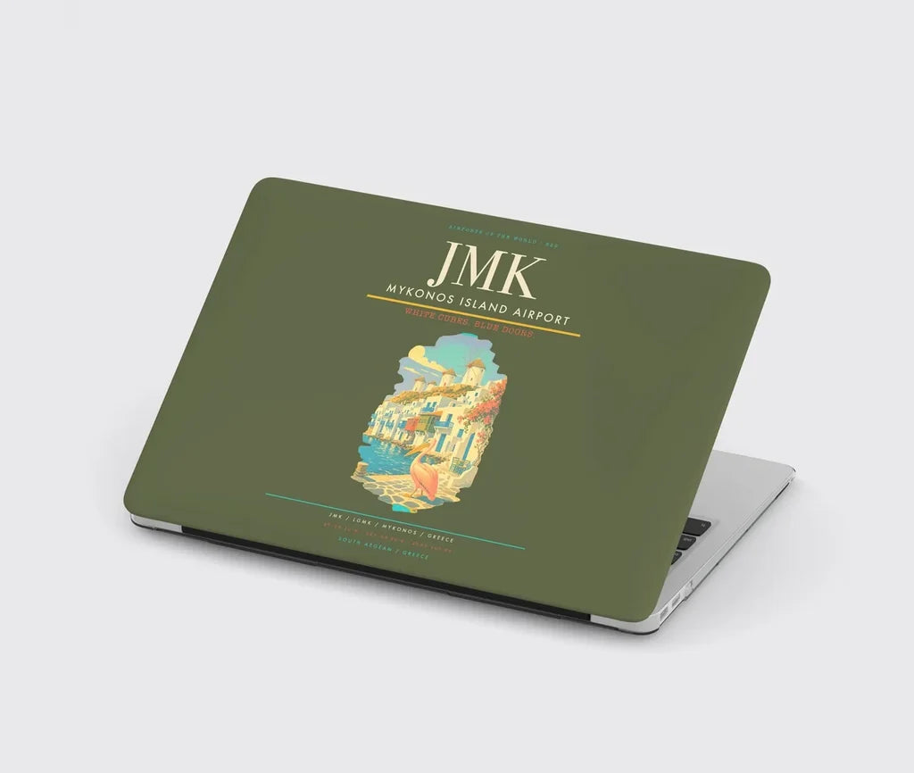 Mykonos Island Airport (JMK) design on green army MacBook case