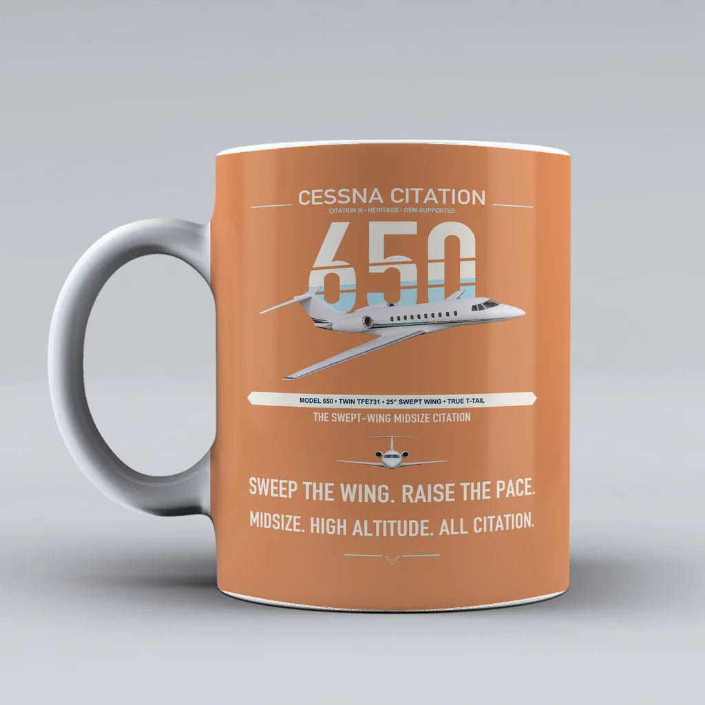 Cessna Citation 650 - Citation III design on orange ceramic mug, double-side print