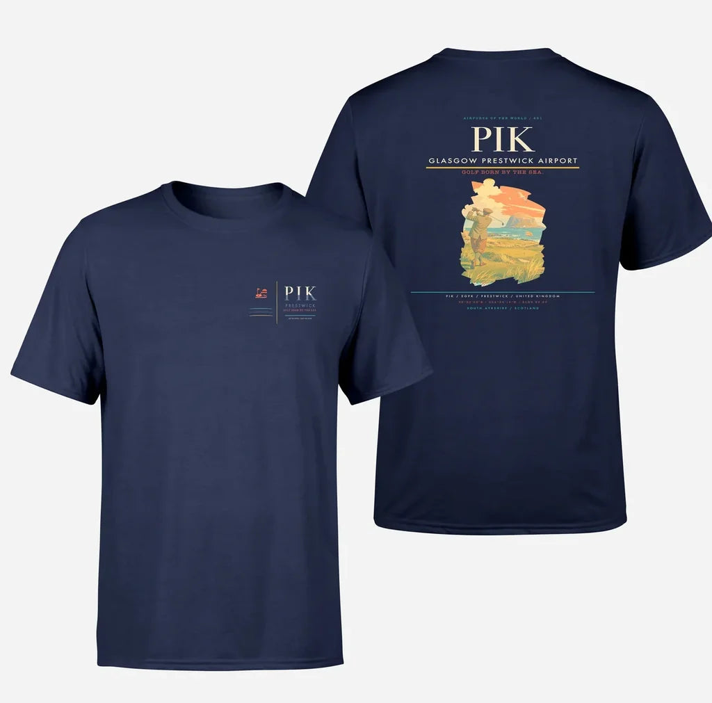 Glasgow Prestwick Airport (PIK) design printed on navy blue double-side t-shirt