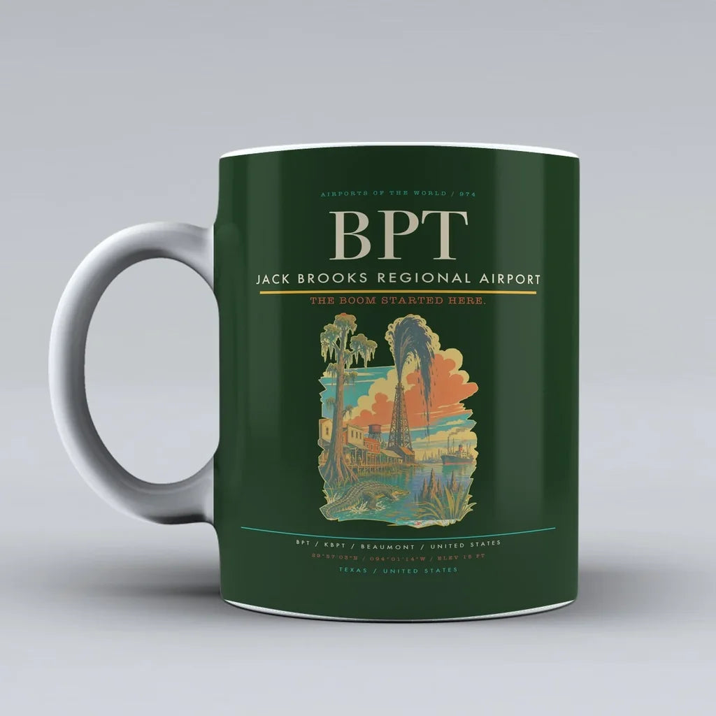 Jack Brooks Regional Airport (BPT) airport code design on dark green ceramic mug