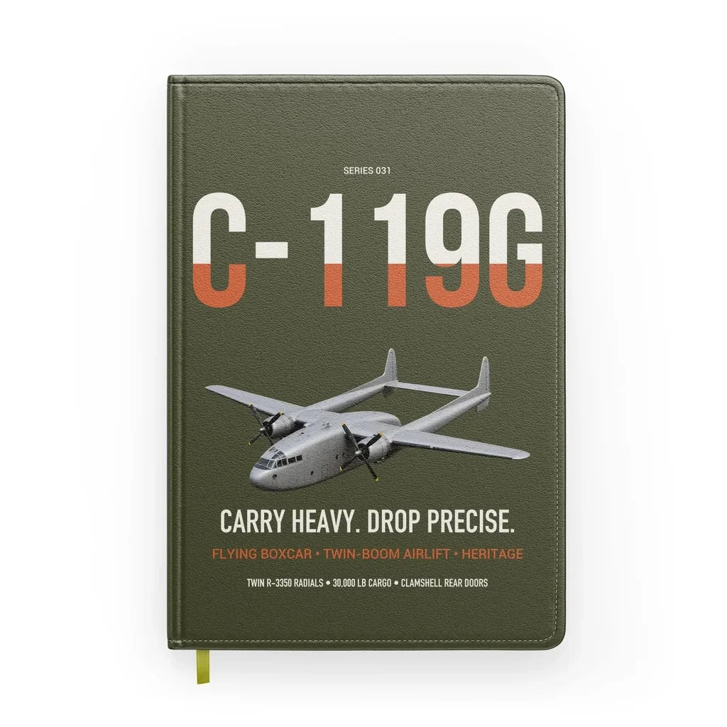 C-119G Flying Boxcar design on green army notebook