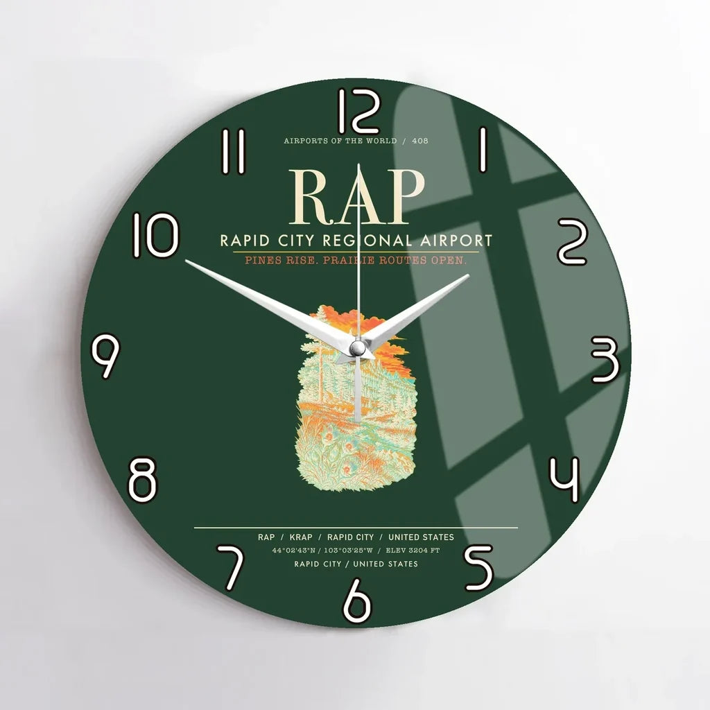 Rapid City Regional Airport (RAP) design on dark green no frame wall clock