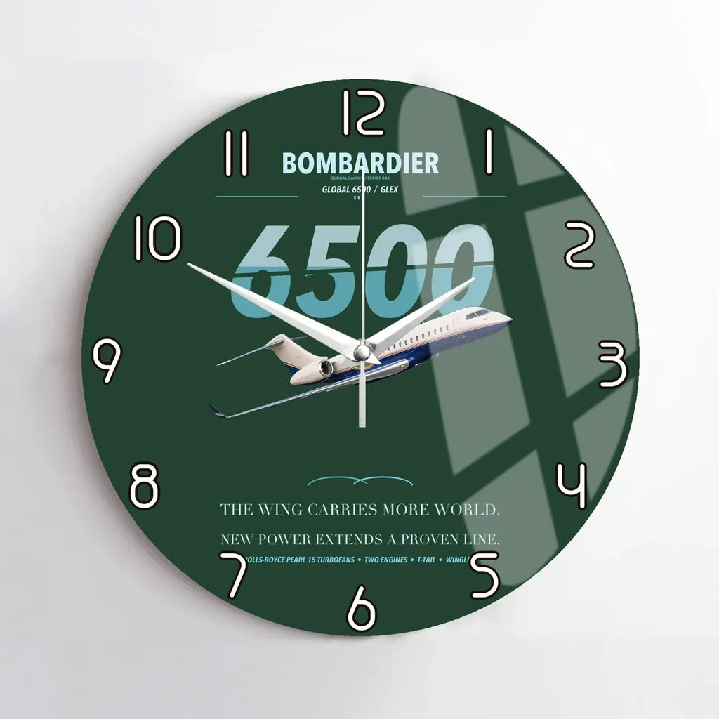 Bombardier Global 6500 design on dark green no frame wall clock