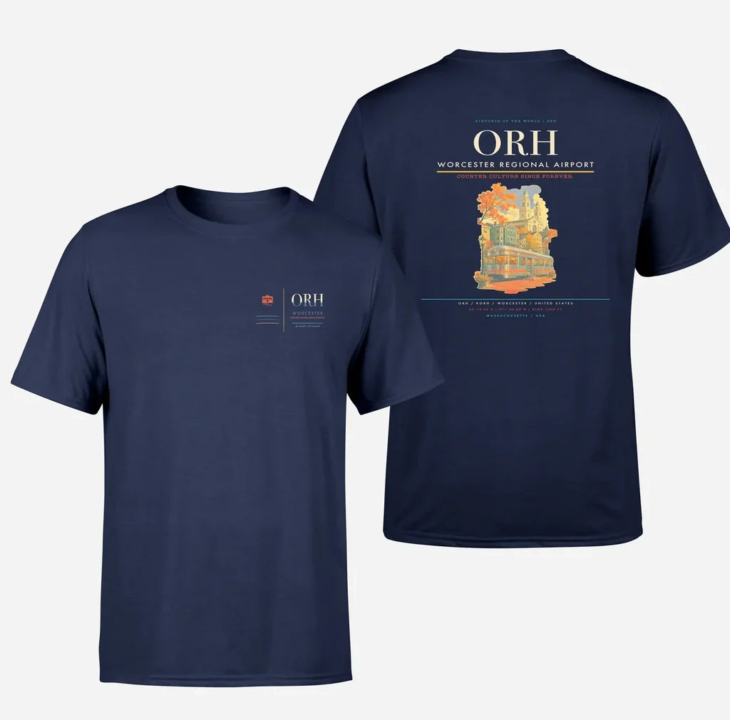 Worcester Regional Airport (ORH) design printed on navy blue double-side t-shirt