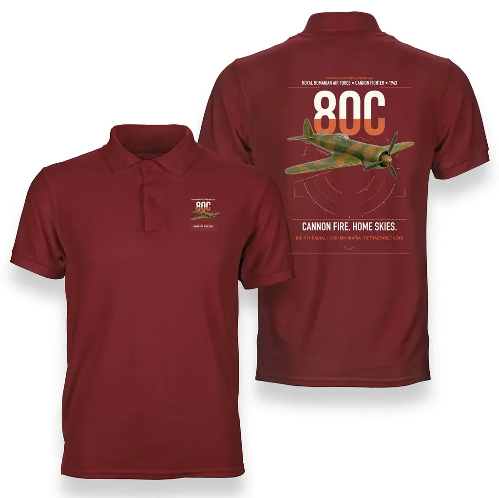 IAR 80C design on red double-side polo t-shirt, double-side print