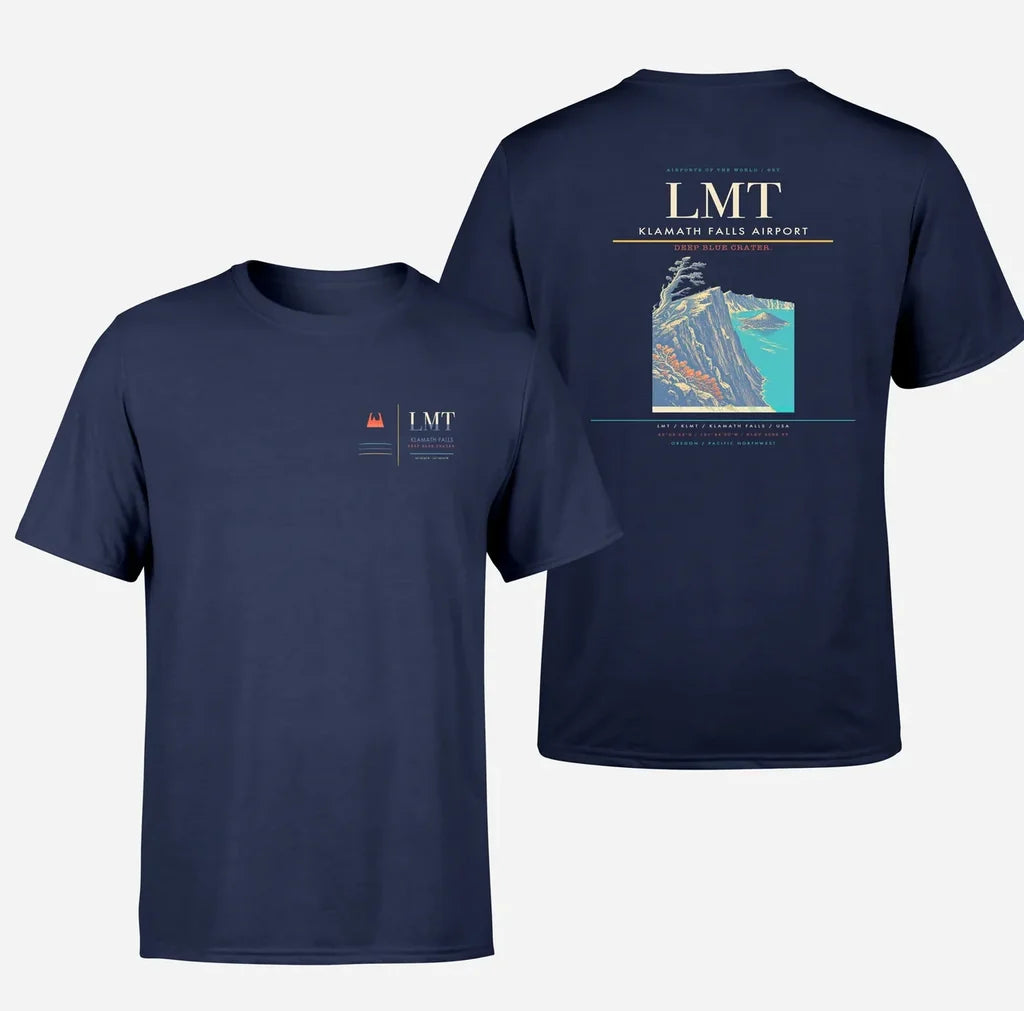 Klamath Falls Airport (LMT) design printed on navy blue double-side t-shirt
