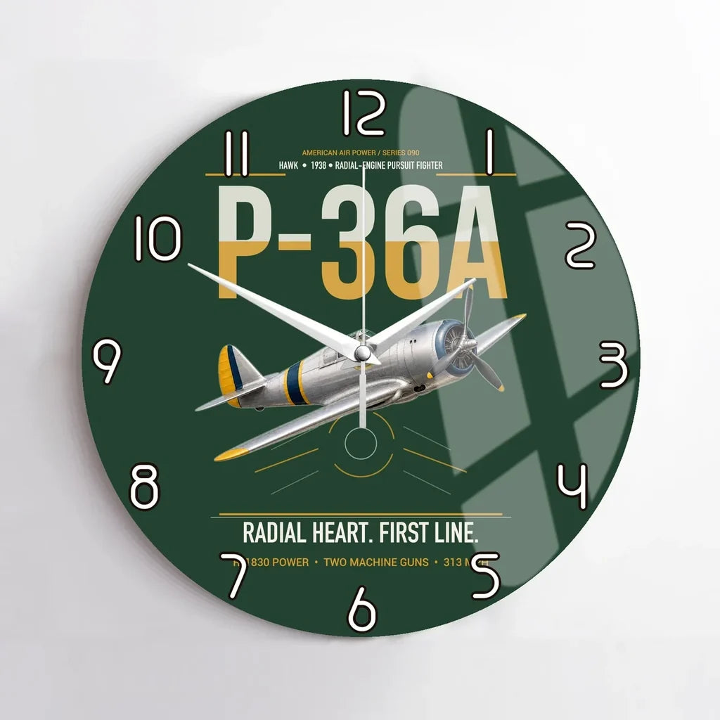 P-36A Hawk design on dark green no frame wall clock