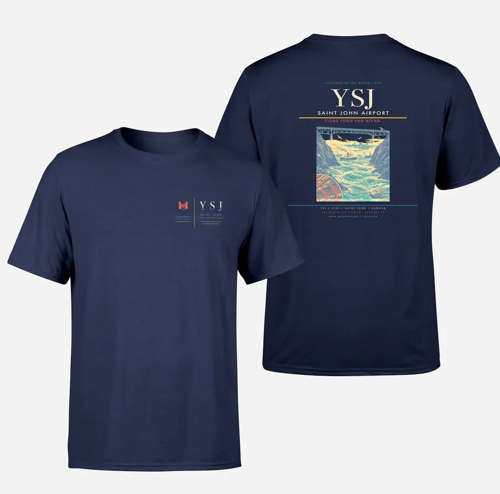 Saint John Airport (YSJ) design printed on navy blue double-side t-shirt