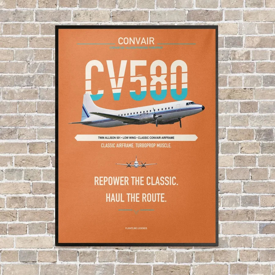Convair 580 vertical canvas print - framed - orange background