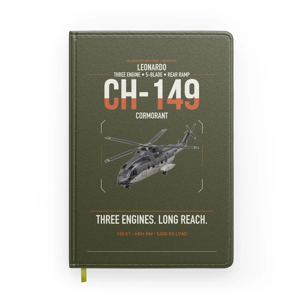 Leonardo CH-149 Cormorant design on green army notebook