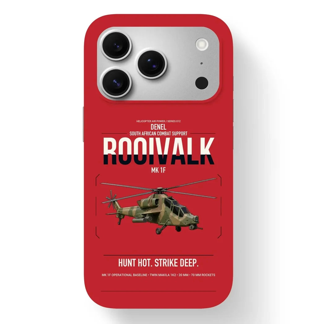 Denel Rooivalk Mk 1F design on red magsafe iphone case, for iPhone 17 Pro