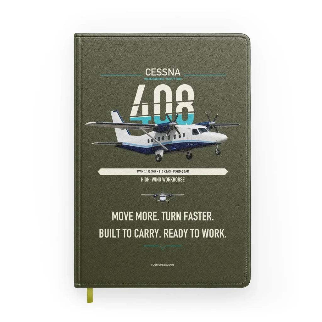 Cessna 408 SkyCourier design on green army notebook