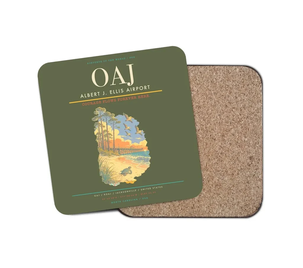 Albert J. Ellis Airport (OAJ) design on green army 1 piece coaster