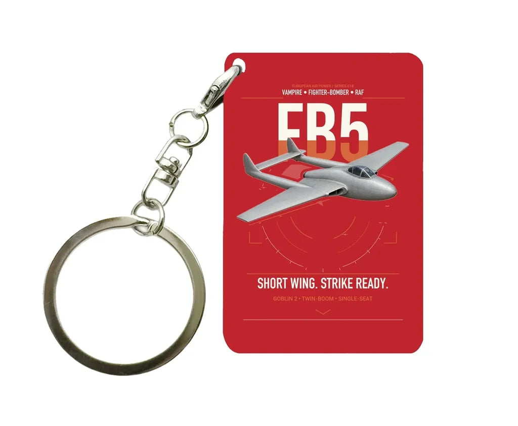 de Havilland Vampire FB5 design on red designed key chain, double-side print