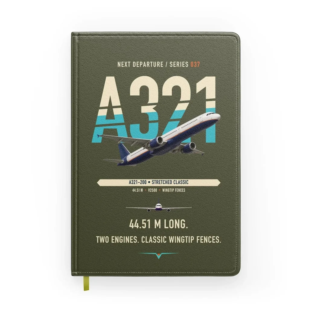 Airbus A321 design on green army notebook