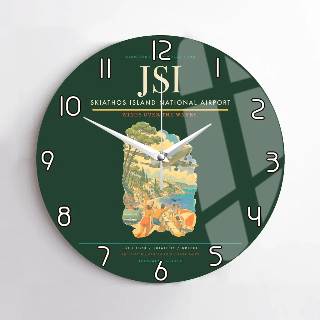 Skiathos Island National Airport (JSI) design on dark green no frame wall clock