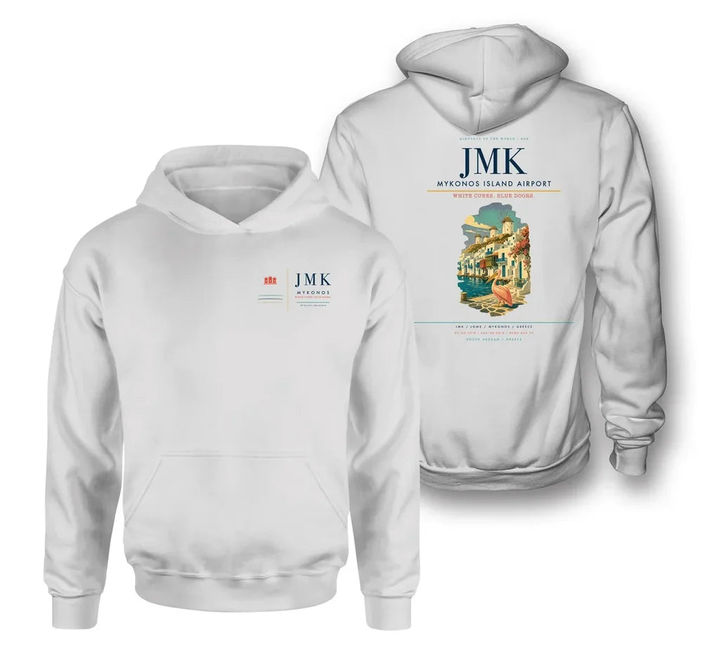 Mykonos Island Airport (JMK) design on white double-side hoodie