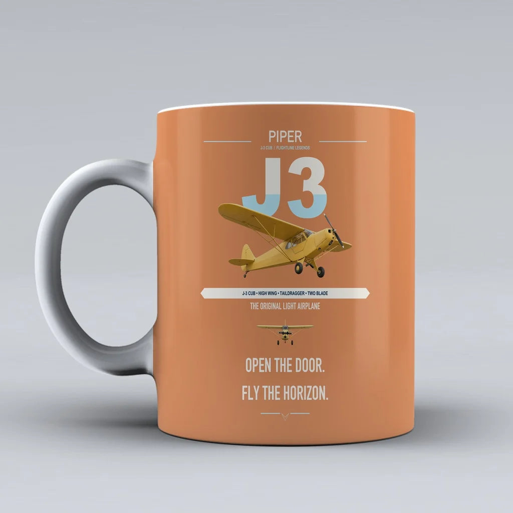 Piper J-3 Cub design on orange ceramic mug, double-side print