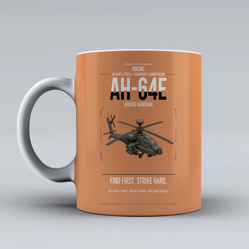 Boeing AH-64E Apache Guardian design on orange ceramic mug, double-side print