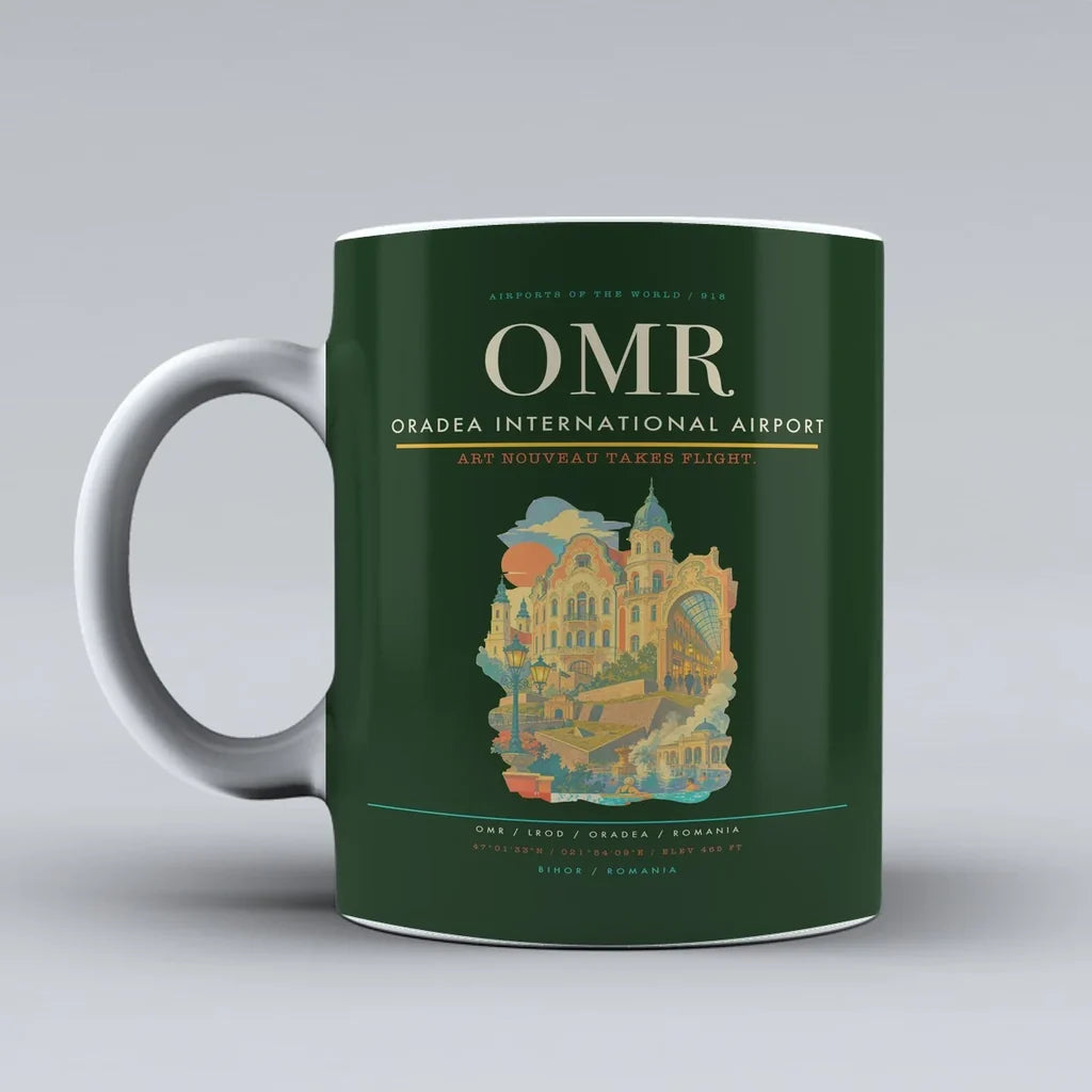 Oradea International Airport (OMR) airport code design on dark green ceramic mug