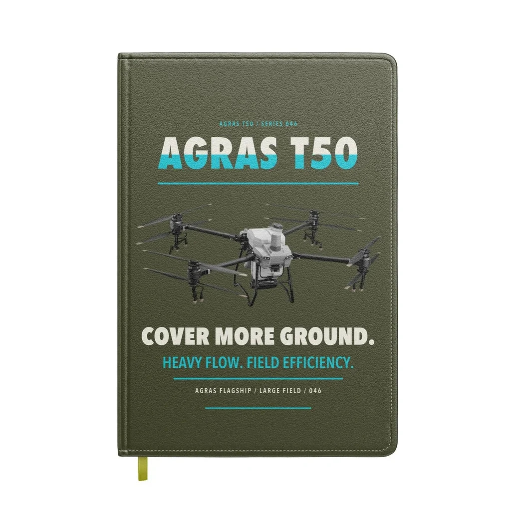 DJI Agras T50 design on green army notebook
