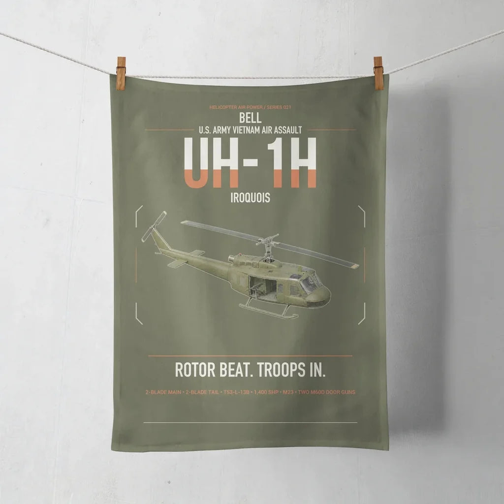 Bell UH-1H Iroquois design on green army towel