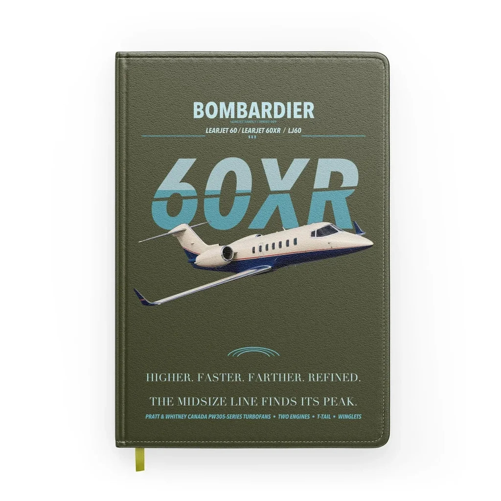 Bombardier Learjet 60XR design on green army notebook