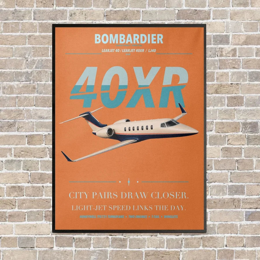 Bombardier Learjet 40XR vertical canvas print - framed - orange background