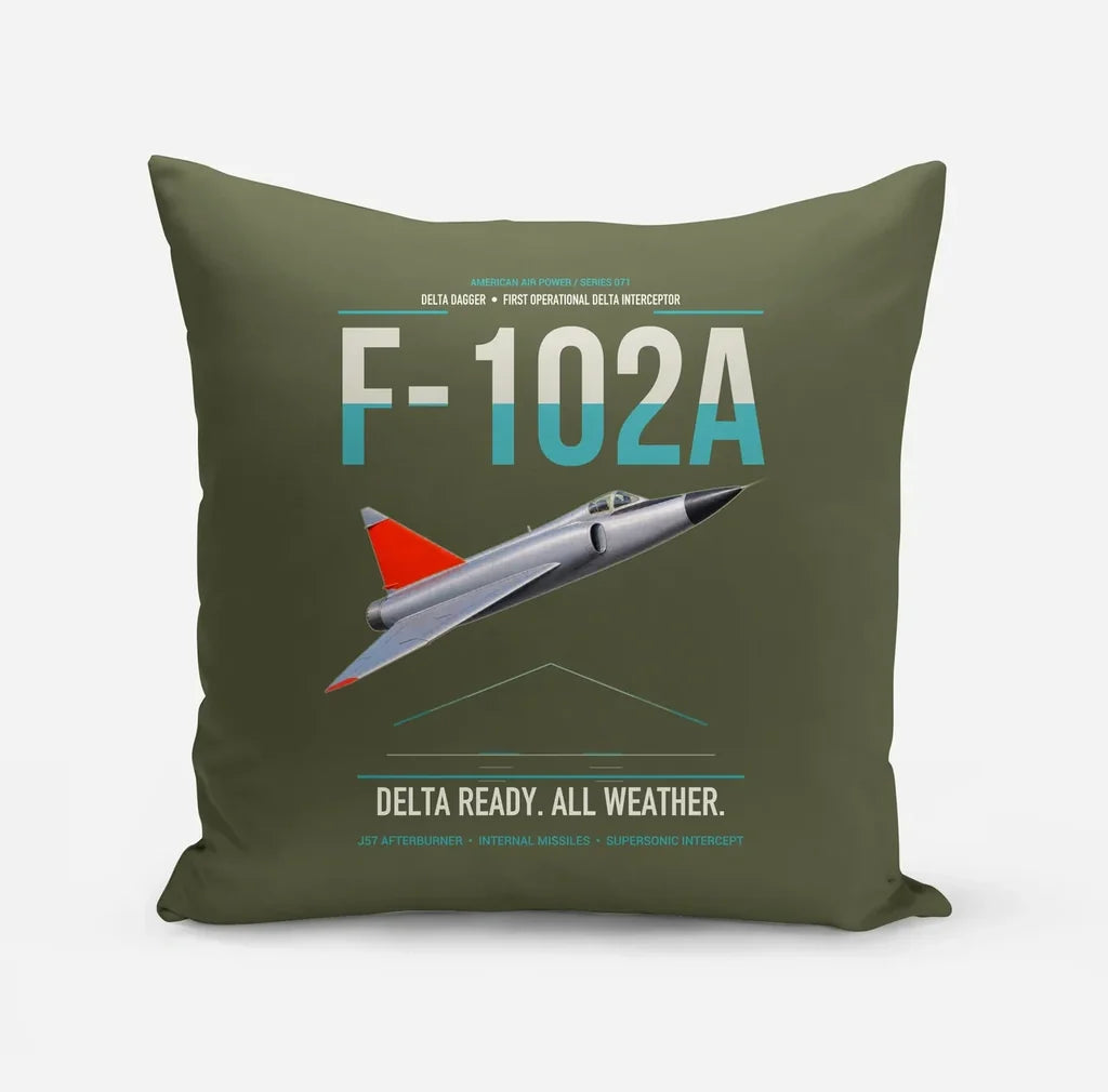 F-102A Delta Dagger design on green army pillow