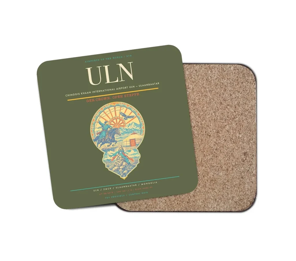 Chinggis Khaan International Airport (ULN) design on green army 1 piece coaster